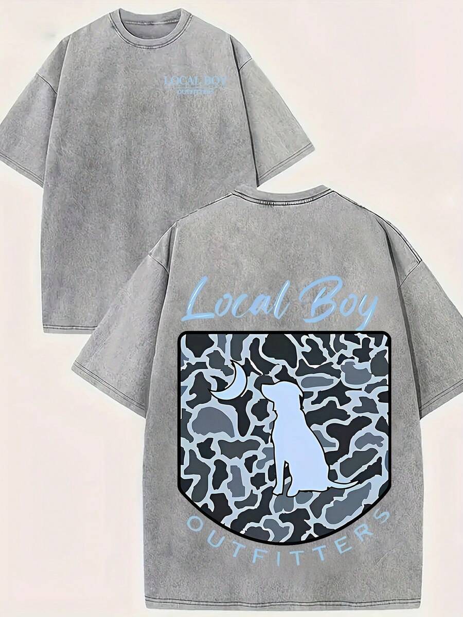 Dog Silhouette - Camo - "Local Boy Outfitters" Graphic Printed Casual Style Men's Casual Wear 230g Washed Cotton Round Neck Short Sleeve Comfortable & Breathable Double - Sided Printed Tee For Summer High - Quality Design - 灰色 - 查看 1