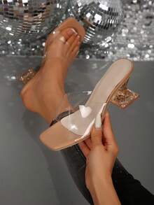 女士新款夏季高跟穆勒凉鞋，优雅时尚不对称水晶高跟一脚蹬凉鞋，适合婚礼、派对、时尚场合、假期、节日和休闲装 - 杏色 - 查看 2