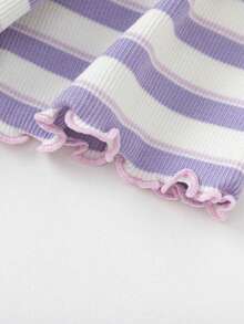 Balabala Girls' Ruffled Stripe Tee, Sweet & Breathable Summer Wear - Purple and White - View 6