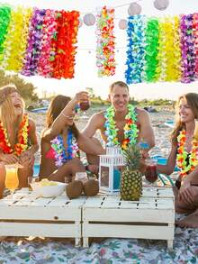 24/12/4Pcs Colorful Hawaiian Artificial Flower Leis, Hawaiian Bulk Silk Fake Flower Necklace, Tropical Party Leis , Suitable For Theme Party Decor, Summer Beach Pool Party Decor, Festival Decor, Wedding Decor, Beach Birthday Decor, Graduation Party, Prom, Decoration Supplies - Multicolor - View 4