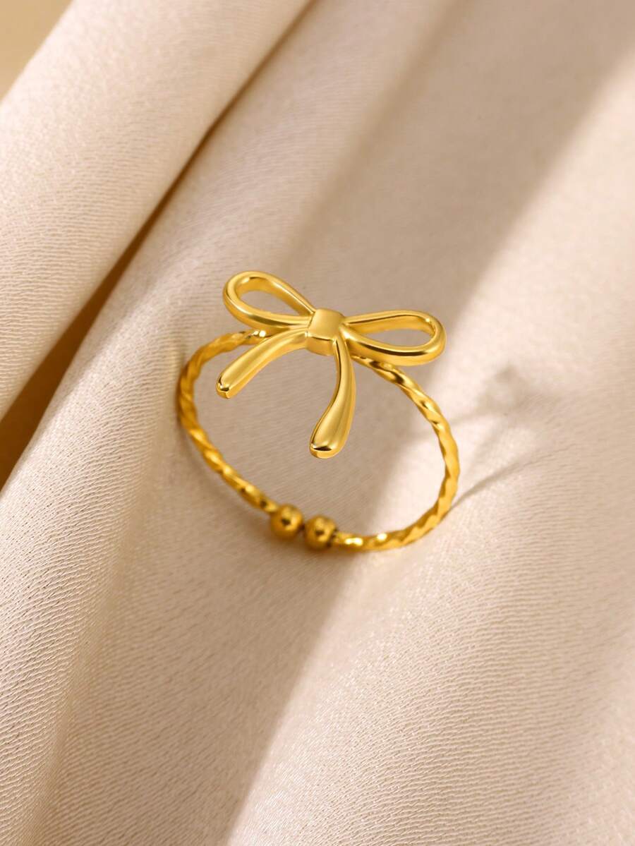 1 pieza Anillo abierto con lazo de moda para mujer, color dorado, de acero inoxidable con diseño geométrico, joyería diaria para fiesta, regalo del Día de la Madre