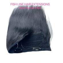 鱼线人发接发线天然头发一体式隐形线发束带 3 个发夹天然黑色发夹人发接发女士