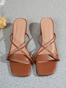 女士高跟凉鞋，黑色系带凉鞋高跟鞋，夏季简约设计粗跟高跟鞋 - 棕色 - 查看 4