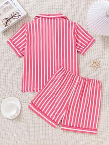 2pcs/Set Cute Casual Red & White Stripe Print Polo Collar Short Sleeve Button-Up Top And Bow Shorts Pajamas Lounge Set For Toddlers/Kids, Spring/Summer - Red and White - View 2