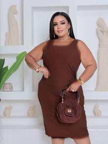 Women's Plus Size Midi Dress With Waist And Casual Shapewear - 鏽棕色 - 查看 1