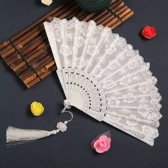 1pc Women Fashion Folding Fan With Silver Foil Sakura Flower & Tassels Decor, For Dancing