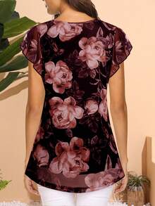 CheersLife Women's Short Sleeve Tunic Shirt Pleated Mesh Blouses Summer Floral Tops Vacation - Burgundy - View 3