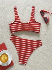 Women's Sexy Red & White Stripe Bikini Set - Multicolor - View 5