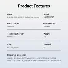 ACEFAST ACEFAST 60W Dual-Port Car Charger USB-C PD3.0 & USB-A QC3.0 Fast Charger Adapter For Phones Tablets