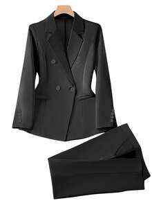Women's Spring/Autumn Double-Breasted Long Sleeve Blazer & Trouser Suit Set - Black - View 3