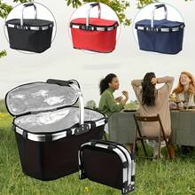 高品质可折叠铝制框架购物篮 - 防水、隔热黑色牛津布手提袋，适用于野餐、杂货等，野餐必需品 | 现代手提袋设计 | 铝制框架篮子，野餐篮 - 彩色 - 查看 1