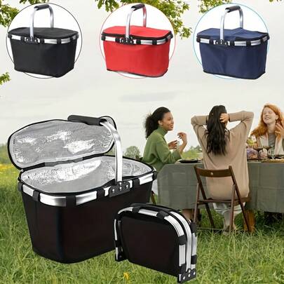 Högkvalitativ hopfällbar varukorg med aluminiumram - vattentät, värmeisolerande svart tygväska i Oxford-tyg, lämplig för picknick, mat, etc., picknickvaror | Modern tygväska design | Ramkorg i aluminium, picknickkorg