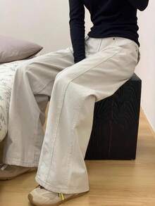 Pantalones vaqueros blancos de estilo vintage americano para mujer, con diseño de cintura alta, estilizados, holgados y rectos, ideales para el invierno. - Blanco - Ver 2