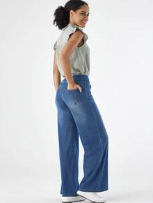 Pull On Wide Leg Jeans For Women, High Waisted Stretchy Baggy Tummy Control Straight Leg Jeans Denim Pants