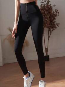 PETITE Solid Zip Fly Casual Leggings - Black - View 1
