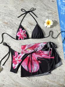 Bộ bikini 3 món in họa tiết hoa ombre dành cho nữ, áo bikini điều chỉnh được, quần bikini buộc dây bên hông và váy che phủ cao, thích hợp cho bãi biển và các bữa tiệc, kỳ nghỉ hè, màu đen. - màu đen - Xem 2