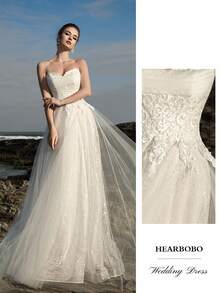 HEARBOBO Noble & Cute Off-Shoulder Vintage Palace Sequin Lace Vacation White Formal Evening Gown Fairy Mesh A-Line Wedding Dresses Bridal,Bride - 白色 - 查看 2