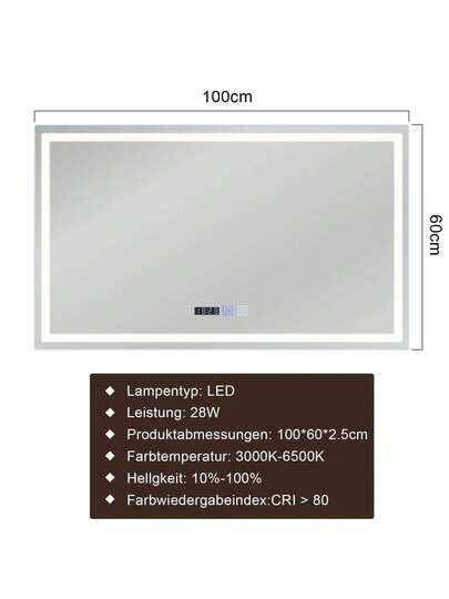 Bathroom Spiegel Illuminated LED 100x60cm Wand IP44 Touch Switch Klok Fog Removal Feature Dimmable 3000K 6500K Home Back To School Room Supplies view 5
