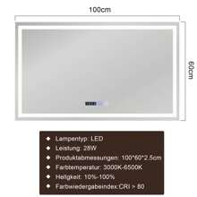 Espejo de baño iluminado - Espejo de baño LED de 100x60 cm, espejo de pared de baño IP44 con interruptor táctil y reloj, función de eliminación de vaho, regulable de 3000K a 6500K