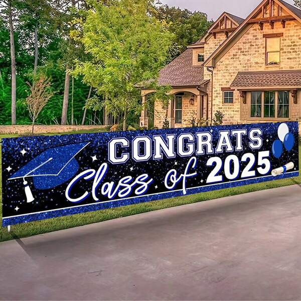 Large Congratulations Graduation Banner, Blue 2025 Graduate Banner Background, 2025 Graduation Ceremony Yard Sign, Graduation Party Supplies, 2025 Graduation Decor Room Decor Party Gifts Home Decors Tapestry Flag Birthday Decorations Party Decorations
