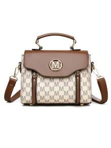 复古简约印花斜挎包，可调节 PU 肩带，翻盖开合