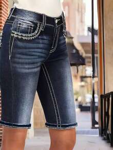 Pantaloni scurți din denim pentru femei, model brodat, confortabili, versatili și elastici, din denim pentru femei - Spălare întunecată - Vizualizare 4
