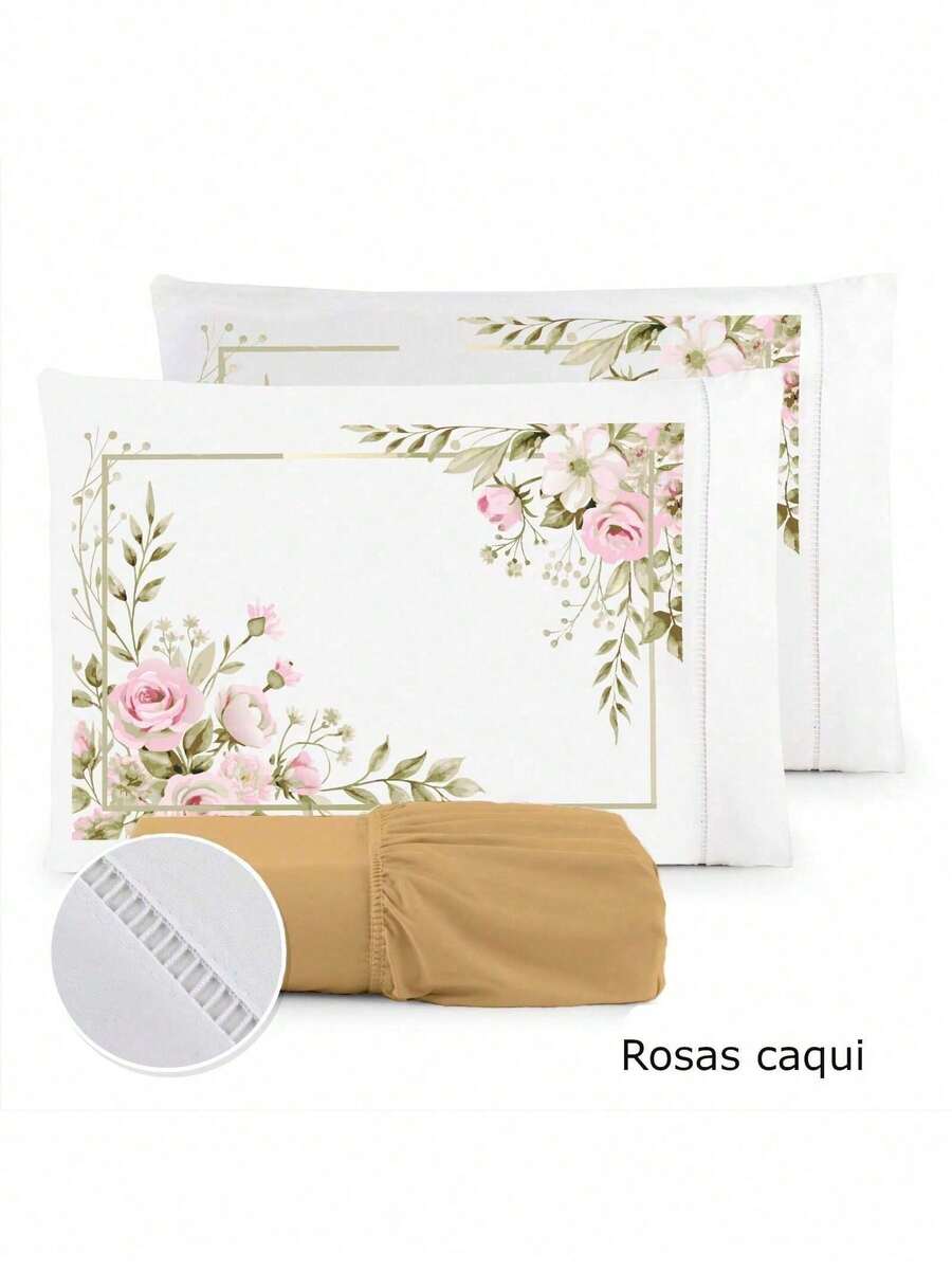 3-Piece Sheet Set 400 Thread Count For Queen King Single Bed Micropercal - ROSES HAZELNUT KHAKI - View 1