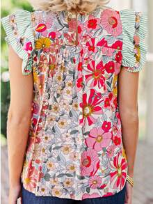 Boho Retro Vintage Viscose 90's Rose Red Pink Mint Ruffle Panel Cap Sleeve Loose Top Shirt Blouse - 藍色花 - 查看 3