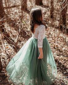 Young Girl 1pc Vintage Boho Lace Eyelash V-Back Tulle Tutu Flower Girl 3/4 Sleeve Maxi Dress - 鼠草绿 - 查看 1