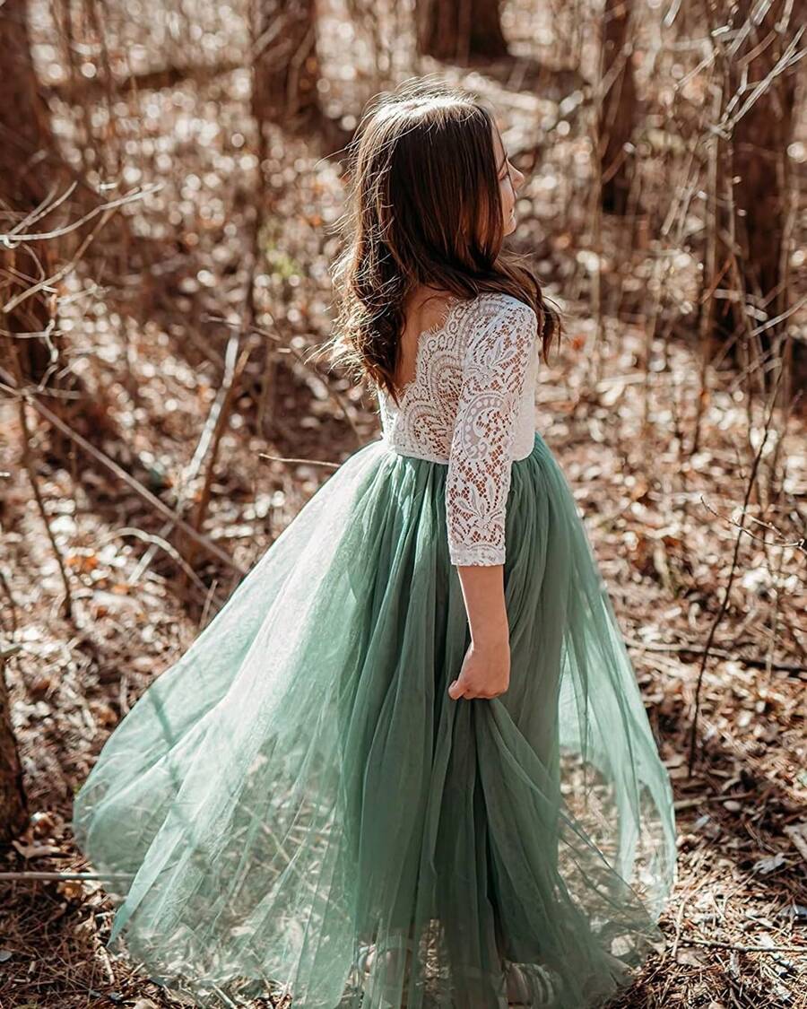 Young Girl 1pc Vintage Boho Lace Eyelash V-Back Tulle Tutu Flower Girl 3/4 Sleeve Maxi Dress - 鼠草绿 - 查看 1