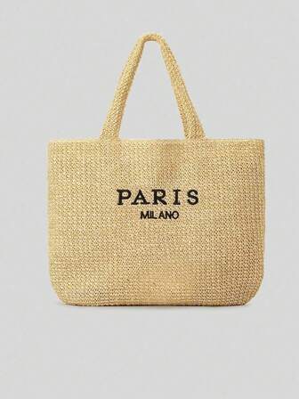 Summer Large Capacity Tote Bag Female Handmade Woven Straw Bag Letter Embroidery Handbag Deaside Holiday Beach Bag Travel Shoulder Bag