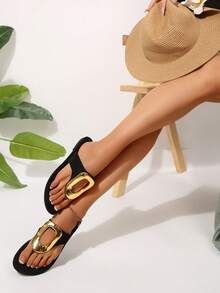 女士豹纹印花一脚蹬人字拖，金属扣装饰舒适平底沙滩凉鞋 - 黑色 - 查看 4