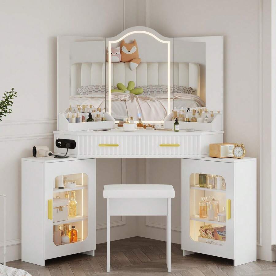 Corner Vainty Desk With Lighted Mirror, Modern Fluted Makeup Vanity With Charging Station, Drawers & Storage Cabinet, Stool, Women Dressing Table For Bedroom (White) - 白色 - 查看 1