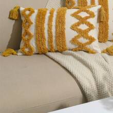 1 pièce/2 pièces Housse de coussin en canevas à motif de rayures ondulées et de diamants, avec franges bouclées, style nordique, pour la chambre, le salon, le canapé, la voiture, la décoration de jardin, sans insert, 12"X20", 18"X18"