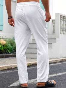 TRFIC Mens Casual Linen Pants Loose Fit Elastic Drawstring Waist Straight-Legs Summer Yoga Beach Long Pants - White - View 4