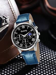 2Pcs Men's PU Leather Strap Fashionable Casual Classic Three Eye Roman Letter Dial Quartz Watch For Daily Wear Or Holiday Gifts