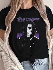Dark Style Crow Movie Character Pattern Fashion Print T-Shirt ,Women's 220g New Summer Casual Crew Neck Heavy Pure Cotton Short-Sved T-Shirt(1PC) - 黑色 - 查看 1