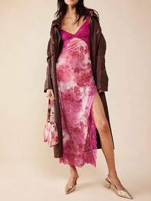 Women Y2K Lace Patchwork Floral Maxi Dress Sexy Cutout V-Neck Bodycon Party Dress Slit Backless Going Out Dress - 玫紅色 - 查看 3