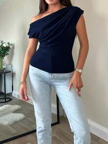 Elegant Minimalist Chic Asymmetric Shoulder Cropped Top, Slim Fit Blouse For Women - Navy Blue - View 4