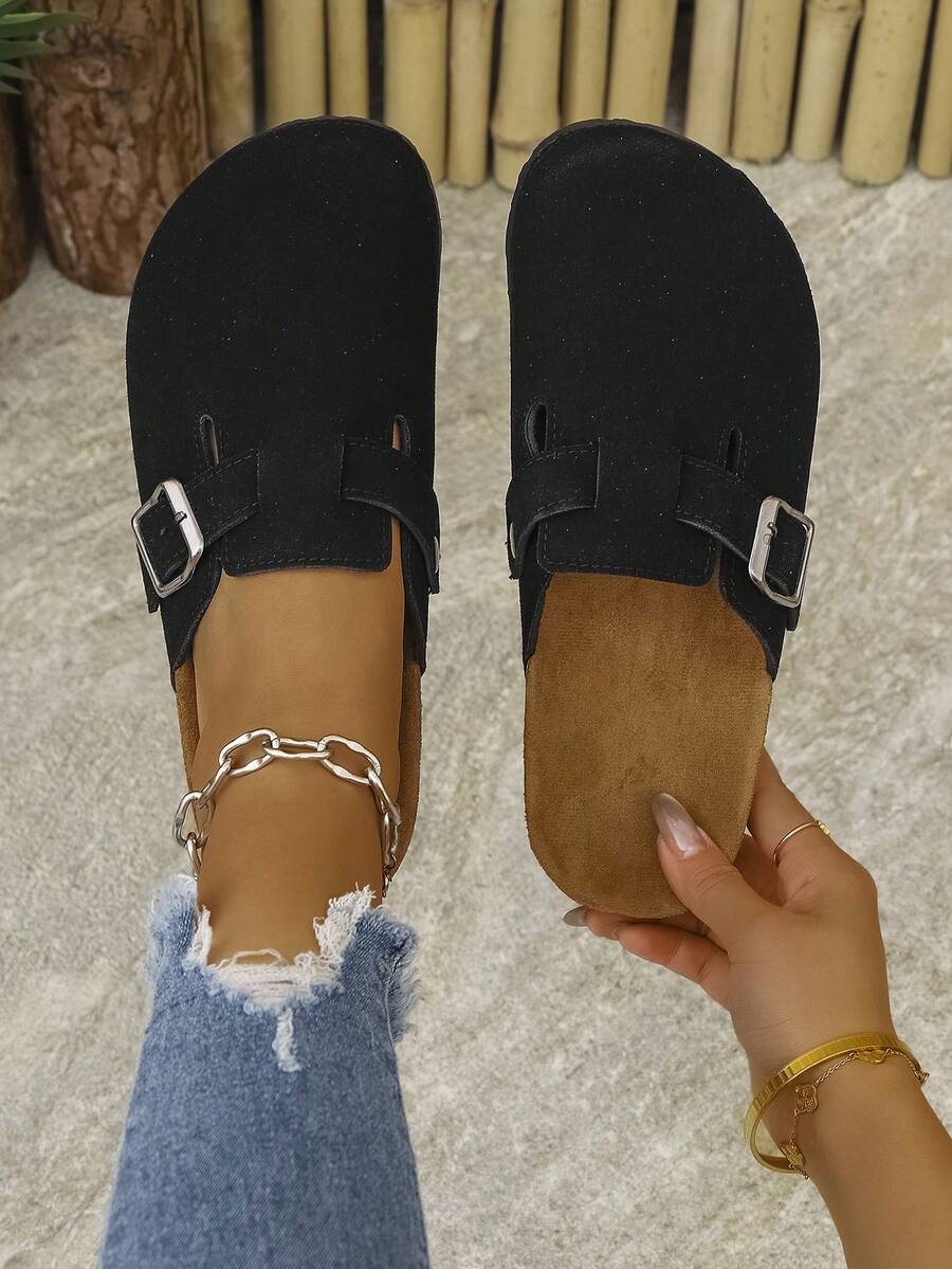 Women's Casual Solid Color Suede Adjustable Buckle Soft Woodgrain Breathable Slip-On Flat Sandals, Suitable For Outdoor, Indoor, Beach, Or Gift