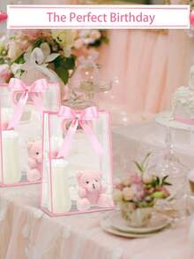 Bộ 5 túi quà bằng nhựa trong suốt có thể tái sử dụng, có quai xách cắt sẵn, kèm ruy băng, thích hợp cho đám cưới, tiệc cưới, tiệc sinh nhật, sự kiện kinh doanh, có thể dùng làm bao bì quà tặng Ngày của Mẹ (Màu hồng) - Hồng - Xem 5