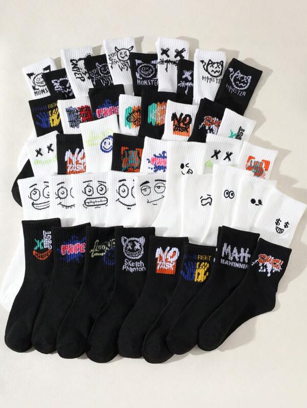 20 de șosete albe până la jumătatea gambei pentru bărbați, cu imprimeu abstract, graffiti, stil streetwear, ideale pentru purtare zilnică