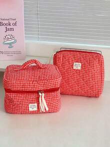 Cranberry Red Plaid Portable Toiletry Makeup Bag, Soft Cloth Surface Storage Bag For Home And Travel, Women's Handbag Toiletry Bags Summer Travel Essentials For Beach Vacation Holiday School Supplies Dorm Essentials Back To School - Multicolor - View 2