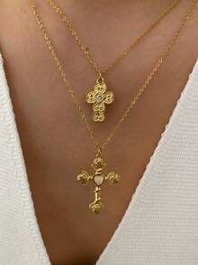 Monlansher New Stainless Steel Cross Pendant Necklace For Women, Heart Flower Elements Cross Design Fashion High-End Handmade Studded Stone Personalized Cross Pendant Necklace - Gold - View 1