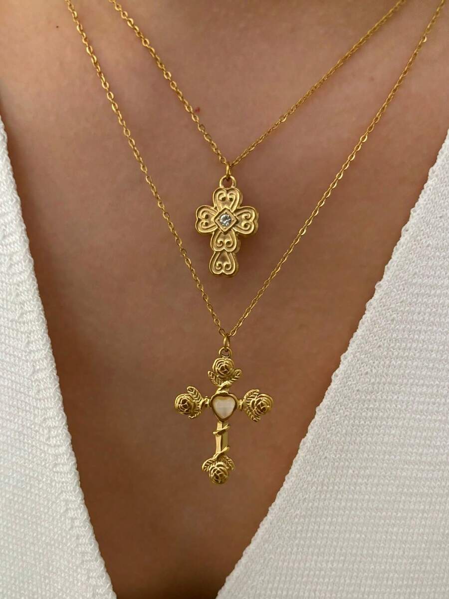 Monlansher New Stainless Steel Cross Pendant Necklace For Women, Heart Flower Elements Cross Design Fashion High-End Handmade Studded Stone Personalized Cross Pendant Necklace - Gold - View 1