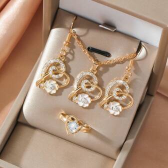 Elegant 4pcs Jewelry Set For Women - Golden-Heart Faux Pearl Pendant, Ring & Earrings - Perfect Gift For Birthdays, Mother's Day & Christmas, Artificial, Necklace