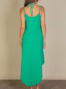 Women's Elegant Sleeveless V-Neck Knitted Fabric Long Dress With Asymmetrical Hem And Split Thigh Casual Loose Fit - màu xanh lá - Xem 4