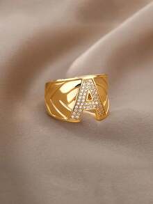 Cubic Zirconia Letter Decor Ring - Yellow Gold - View 3