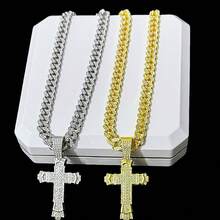 Inlaid Rhinestone Large Hole Thick Cross Pendant Necklace Personalized And Versatile Cuban Chain Luxury 18k Plated Alloy White/Yellow European And American Cool Upgraded Version Large Heavy Design Music Festival - 214nanhai-cross - View 1