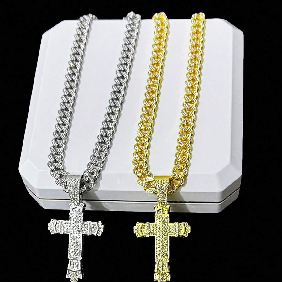 Inlaid Rhinestone Large Hole Thick Cross Pendant Necklace Personalized And Versatile Cuban Chain Luxury 18k Plated Alloy White/Yellow European And American Cool Upgraded Version Large Heavy Design Music Festival - 214nanhai-cross - View 1